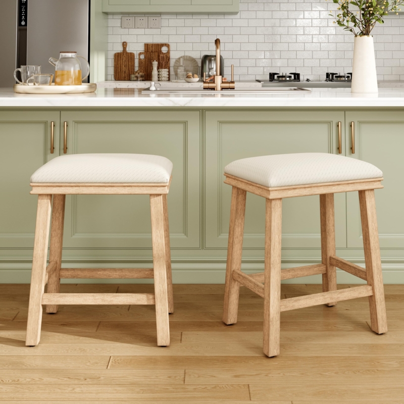 Backless Bar Stool Off White Upholstered Light Wood Modern Farmhouse