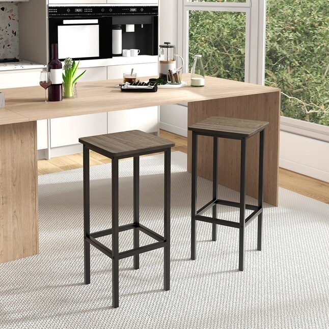 Backless Bar Stool Slim Metal Frame Square Wood Seat Minimalist Industrial