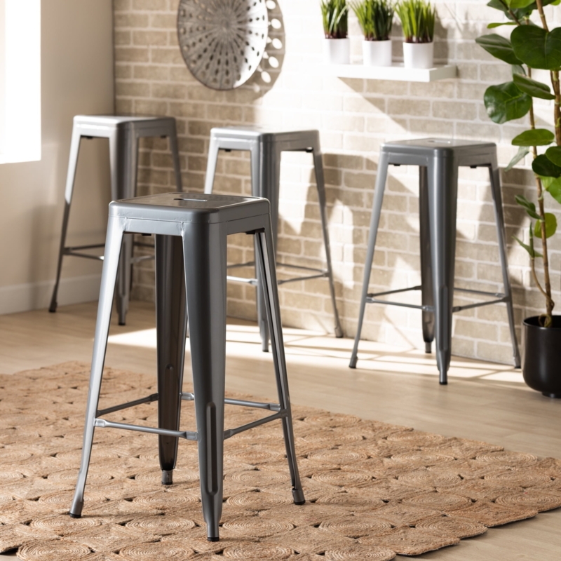 Backless Bar Stools: Grey Metal Finish, Stackable Design