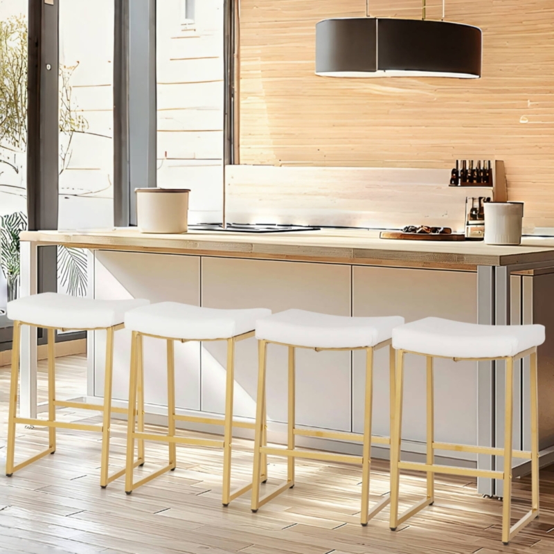 Backless Bar Stools with Gold Frame Saddle Seat & White Leather-Like Finish