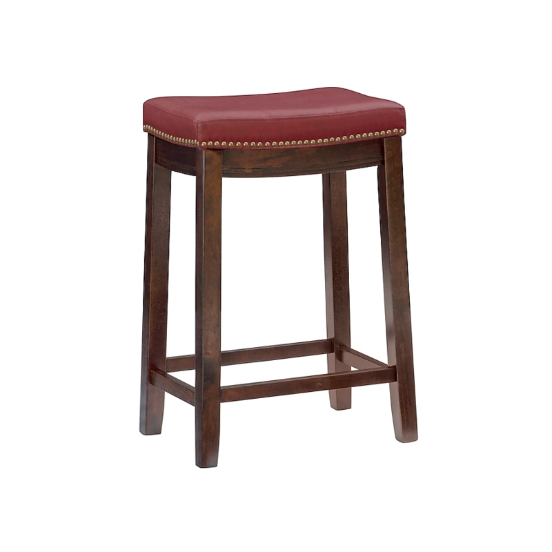Backless Counter Stool featuring Bold Red Upholstery and Nailhead Trim