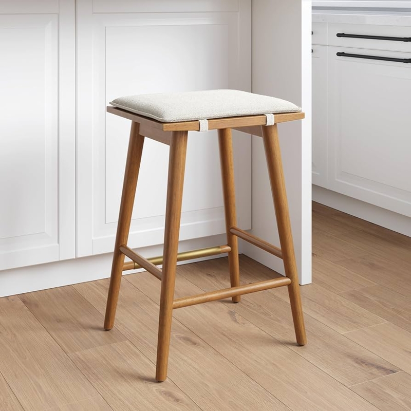 Backless Counter Stool White Strap Brass Footrest Modern Kitchen