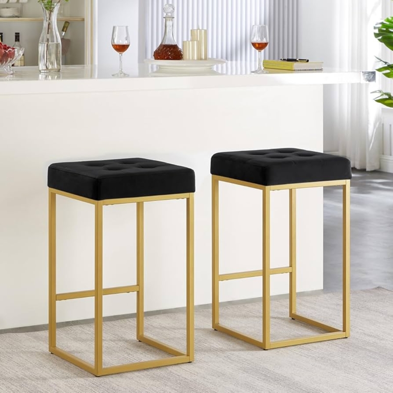 Backless Counter Stools Biscuit Tufted Black Velvet Glam Kitchen Seating
