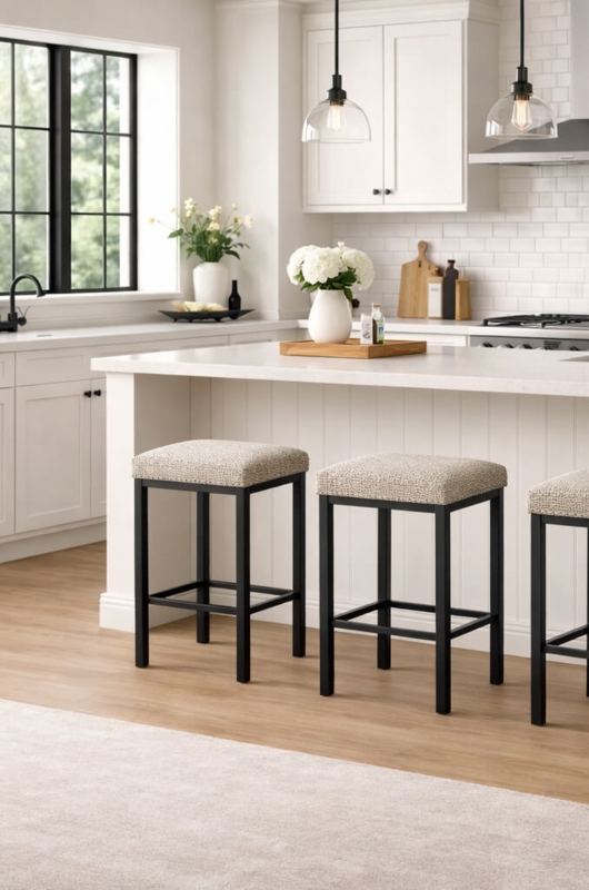 Backless Counter Stools: Black Metal Frame, Textured Square Seat