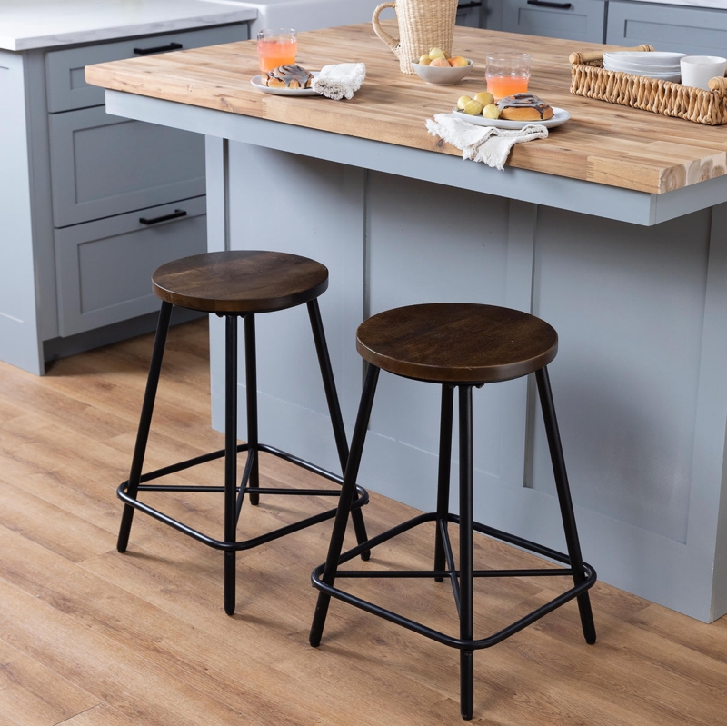Backless Counter Stools Dark Wood and Black Metal Ring