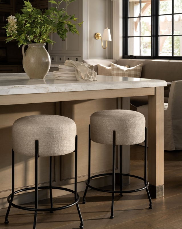 Backless Counter Stools with Woven Round Seat and Slim Black Metal Legs