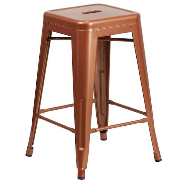 Backless Metal Stool with Cutout Seat Handle, Copper Finish