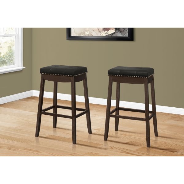 Backless Saddle Seat Bar Stools Nailhead Trim Dark Wood