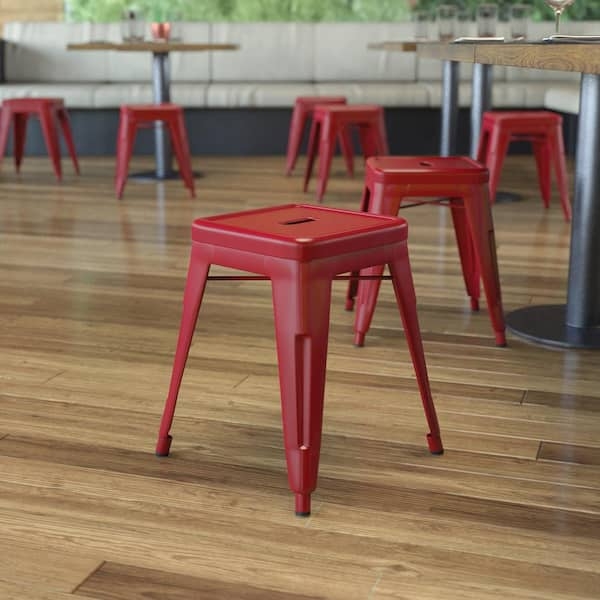 Backless Stool Vibrant Red Finish Industrial Metal Square Seat Hand Slot