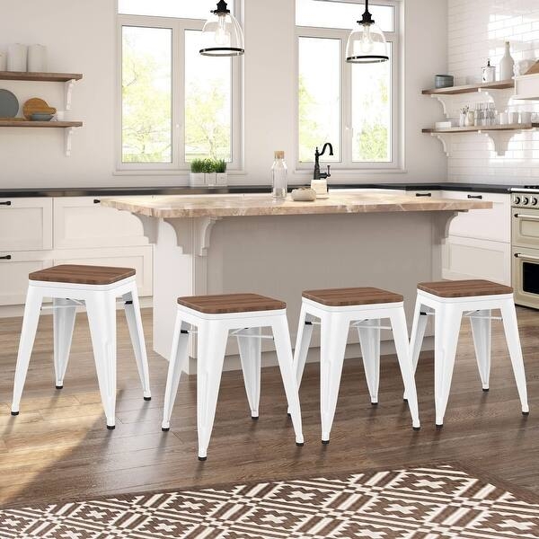 Backless Stool White Metal Frame Wood Toned Seat Industrial Style