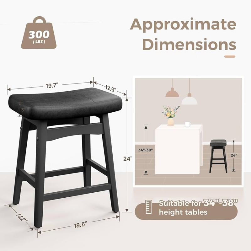 Bar Stool: 24 Inch Height Black Saddle Seat, Upholstered