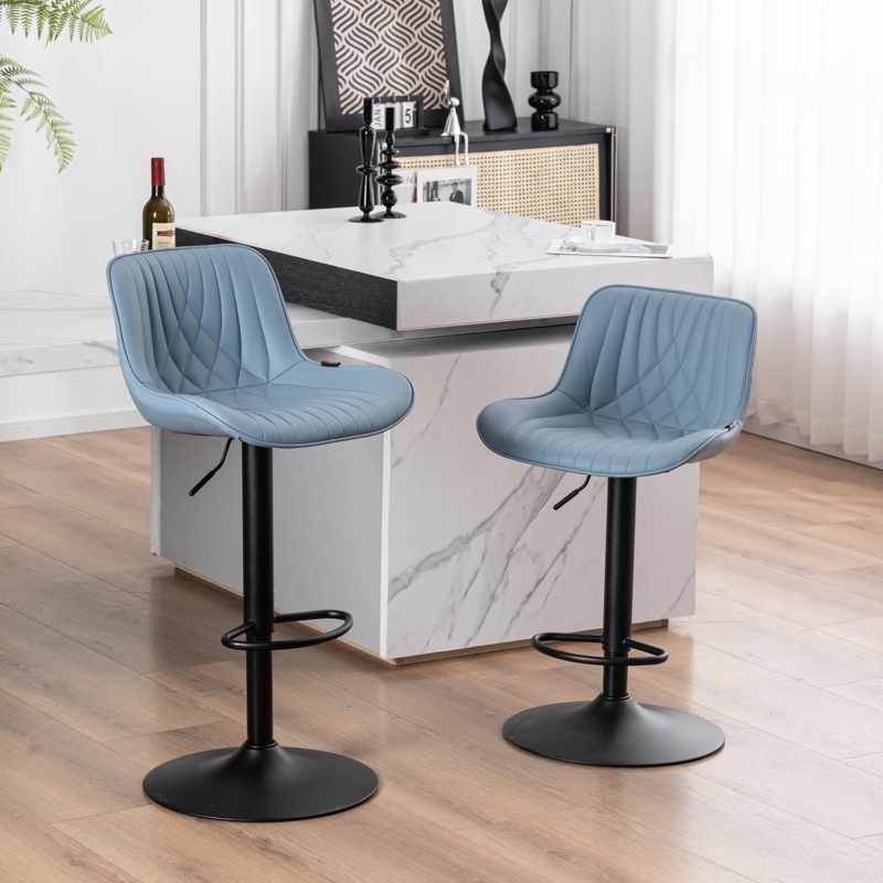 Bar Stool Adjustable Black Pedestal Diamond Quilted Leather-Like