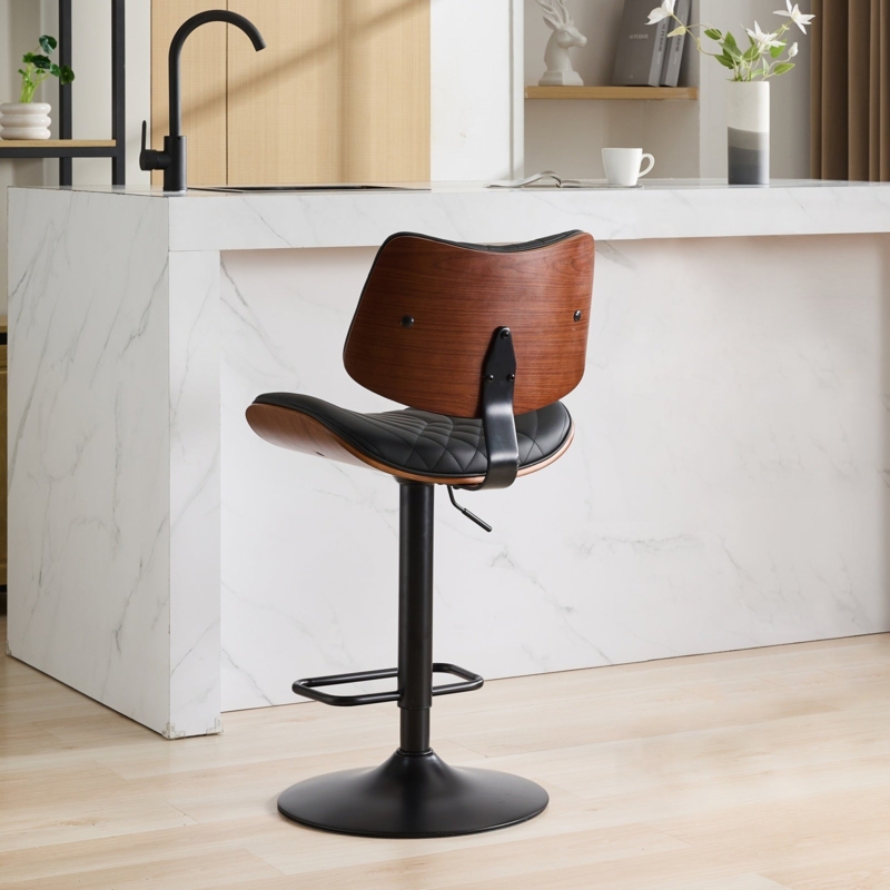 Bar Stool, Adjustable Height Pedestal Base, Quilted Black Leather-Like Seat