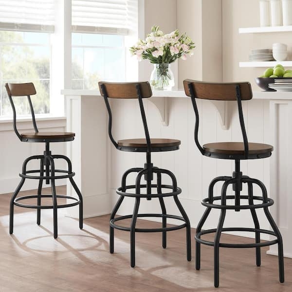 Bar Stool Adjustable Height Screw Mechanism Wood Seat Metal Frame