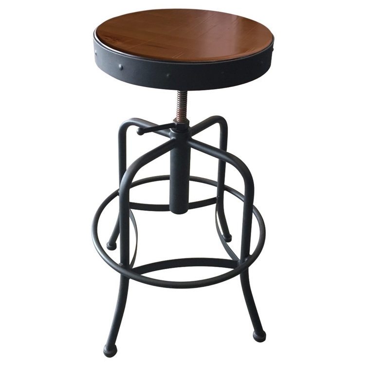 Bar Stool Adjustable Industrial Threaded Spindle Wood Seat