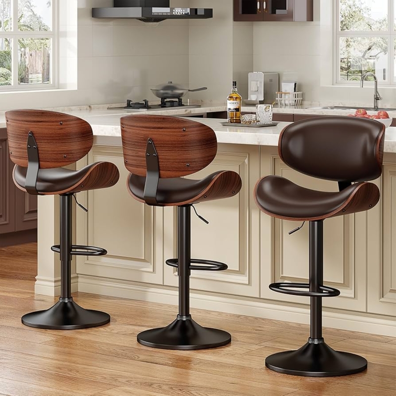 Bar Stool Adjustable Pedestal Brown Leather Mid-Century Modern Kitchen