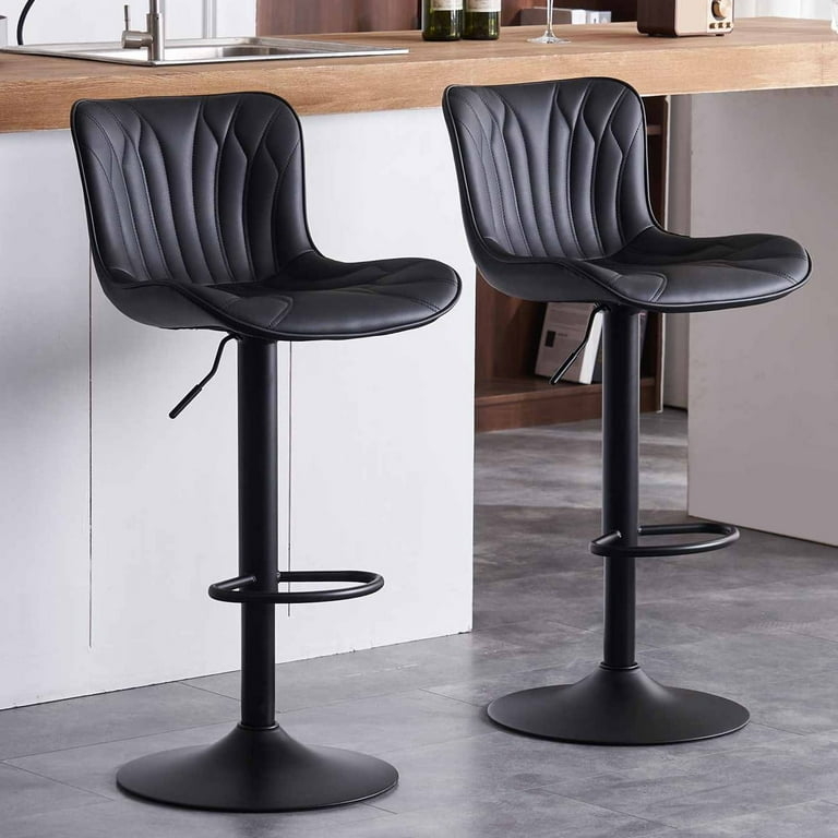 Bar Stool: All-Black Modern Faux Leather Ribbed Swivel Adjustable