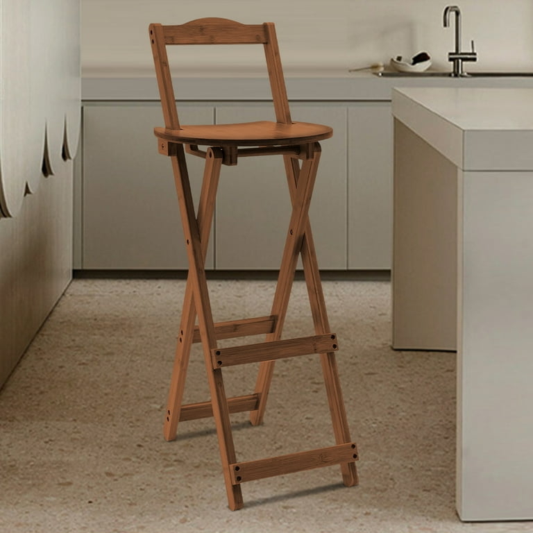 Bar Stool Amber Wood Slatted Back Folding Frame Dual Footrests