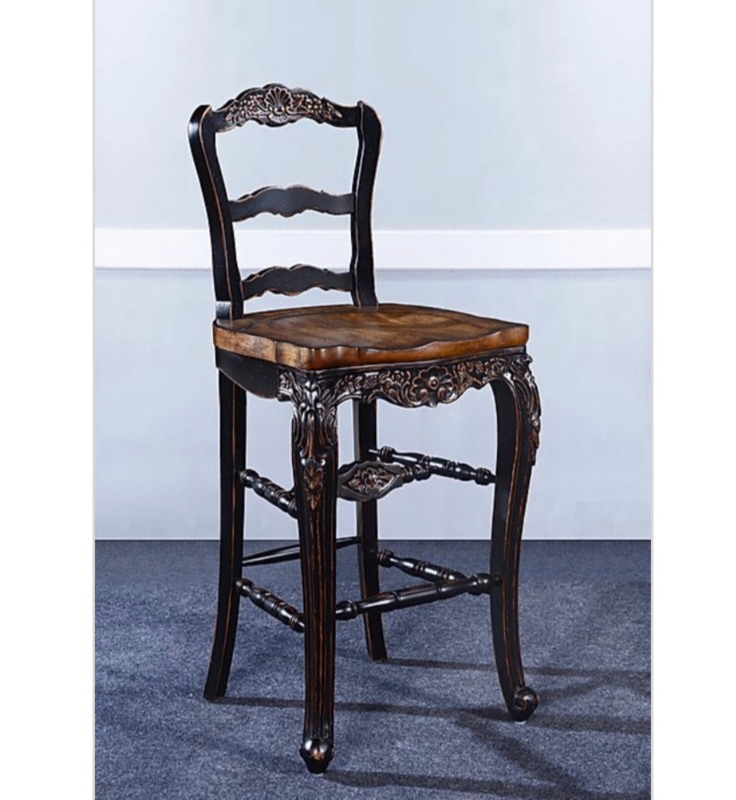 Bar Stool: Antique Black Shell Carved Back, Distressed Finish