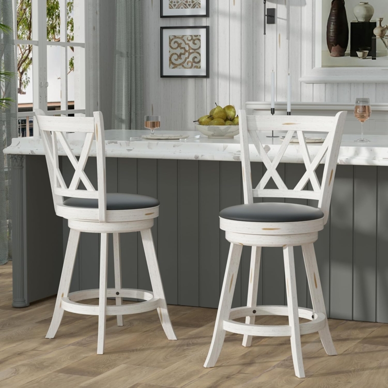 Bar Stool Antique Whitewashed X-Back Swivel Upholstered Seat