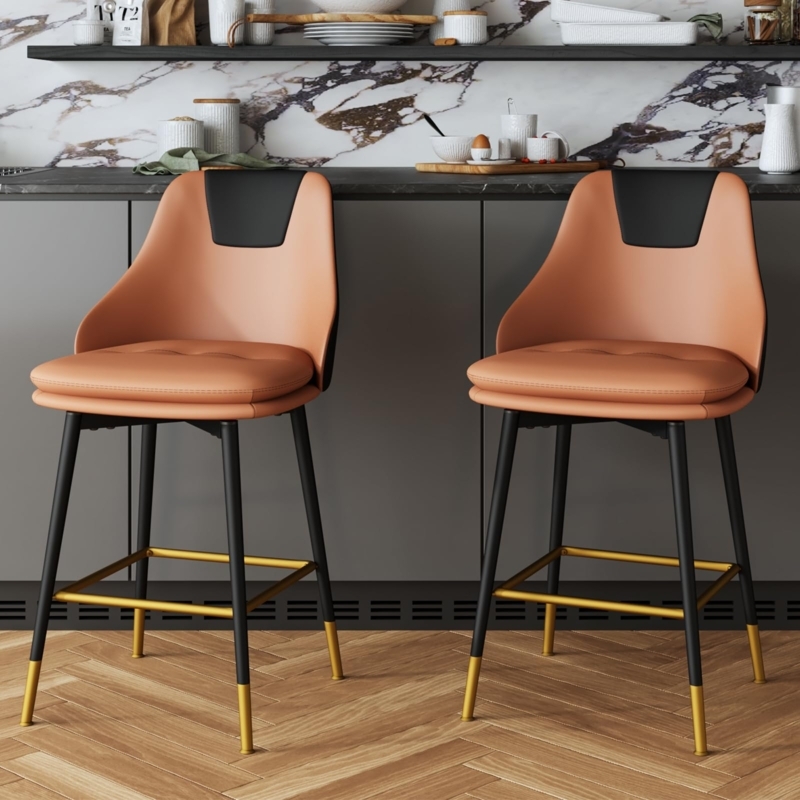 Bar Stool Apricot Two Tone Upholstery Gold Tipped Legs Tapered Glam