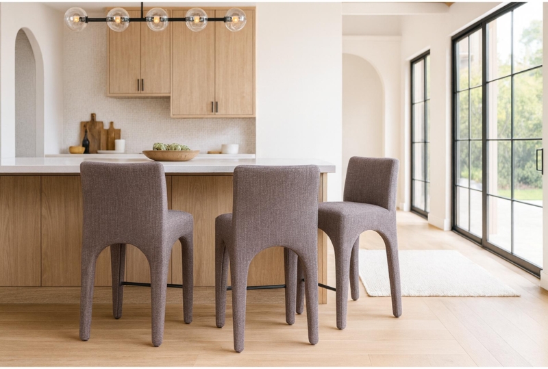 Bar Stool Arched Base Fully Upholstered Taupe Fabric Low Back