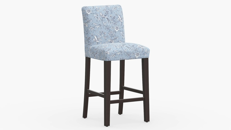 Bar Stool Aviary Pattern Espresso Legs Blue Patterned Upholstery