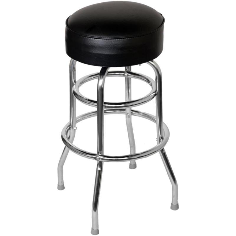 Bar Stool Backless Black Thick Padded Seat Double Ring Chrome