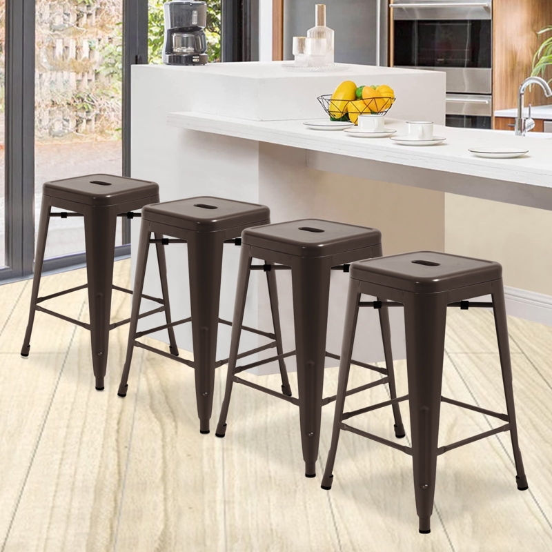 Bar Stool Backless Bronze Square Seat Tapered Legs Set