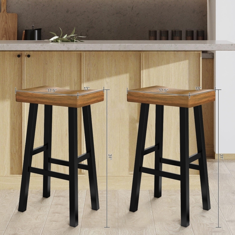Bar Stool: Backless Contoured Seat, Black Legs & Wood Top.