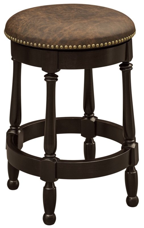 Bar Stool, Backless, Dark Wood, Mottled Leather-Like Seat, Nailhead Trim