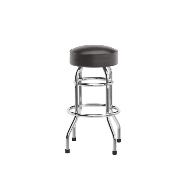 Bar Stool Backless Polished Chrome Black Padded Seat Double Ring
