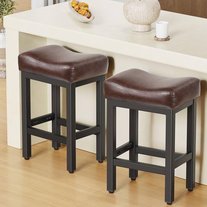 Bar Stool Backless Saddle Seat Brown Leather Like Matte Metal