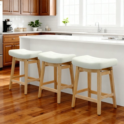 Bar Stool Backless Saddle Seat Cream Upholstery Light Wood