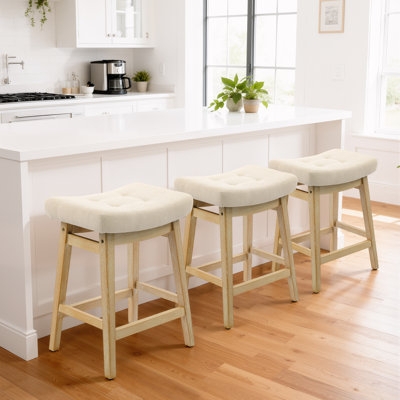 Bar Stool Backless Saddle Seat Cream Upholstery Light Wood