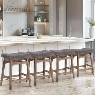 Bar Stool Backless Saddle Seat Wood Toned Frame Gray