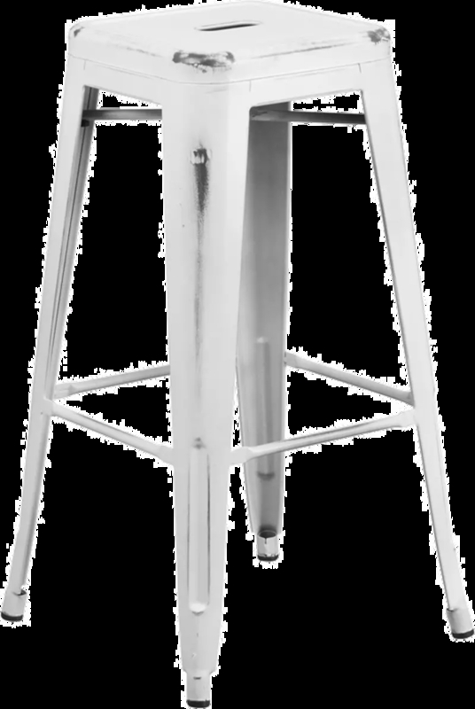 Bar Stool, Backless Silhouette, Distressed White Metal, Seat Handle Cutout