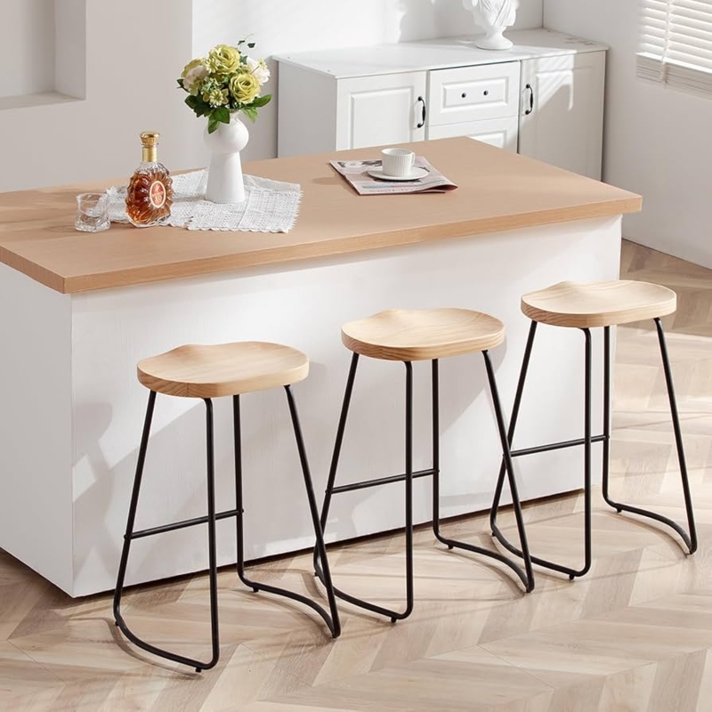Bar Stool Backless Silhouette Saddle Seat Wood Toned Black Metal Legs