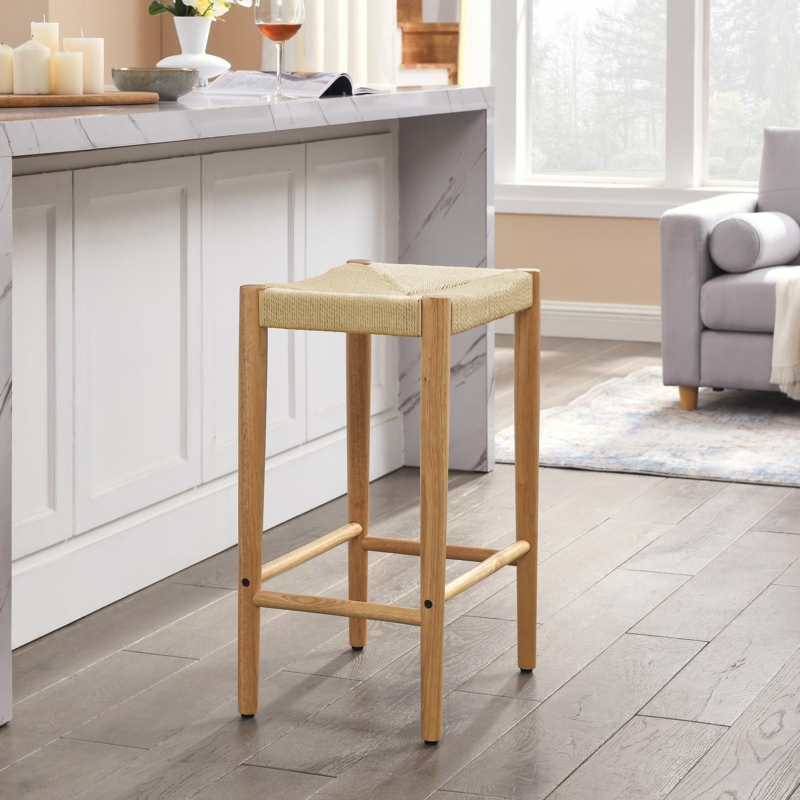 Bar Stool, Backless Silhouette, Woven Rope Seat, Natural Wood Frame