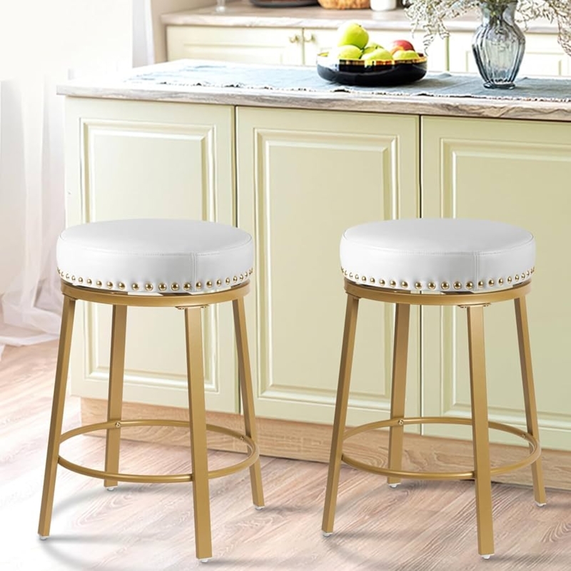 Bar Stool Backless Swivel Round Seat with Gold Nailhead Trim Details