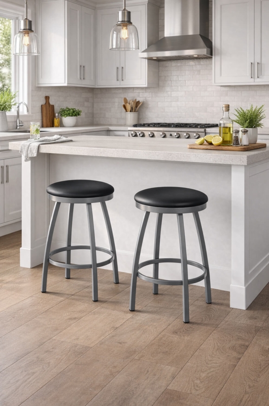 Bar Stool Backless Swivel, Silver Metal Frame, Circular Footrest