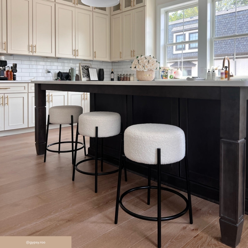 Bar Stool Backless White Boucle Fabric Black Legs