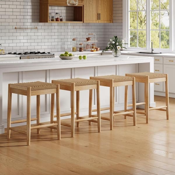 Bar Stool Backless Woven Wicker Seat Natural Wood Frame