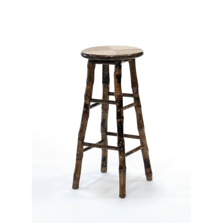 Bar Stool Bamboo Pole Dark Distressed Finish Round Seat Tropical