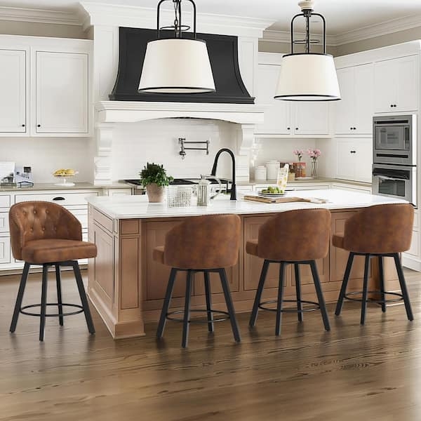 Bar Stool Barrel Back Brown Swivel Tufted Black Metal Upscale