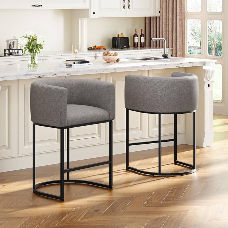 Bar Stool: Barrel Back Kitchen Seating, Sled Base, Gray Upholstery