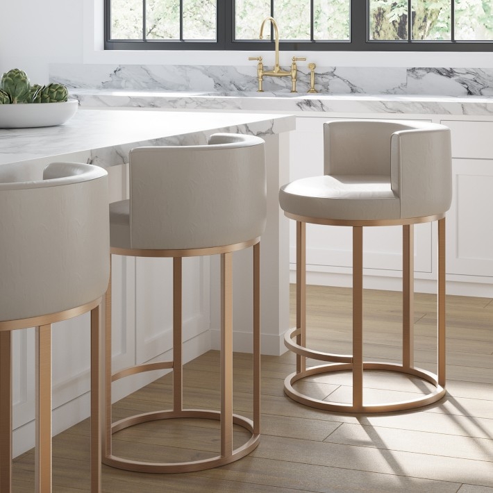 Bar Stool Barrel Back Swivel Cream Leather Champagne Gold Frame Glam