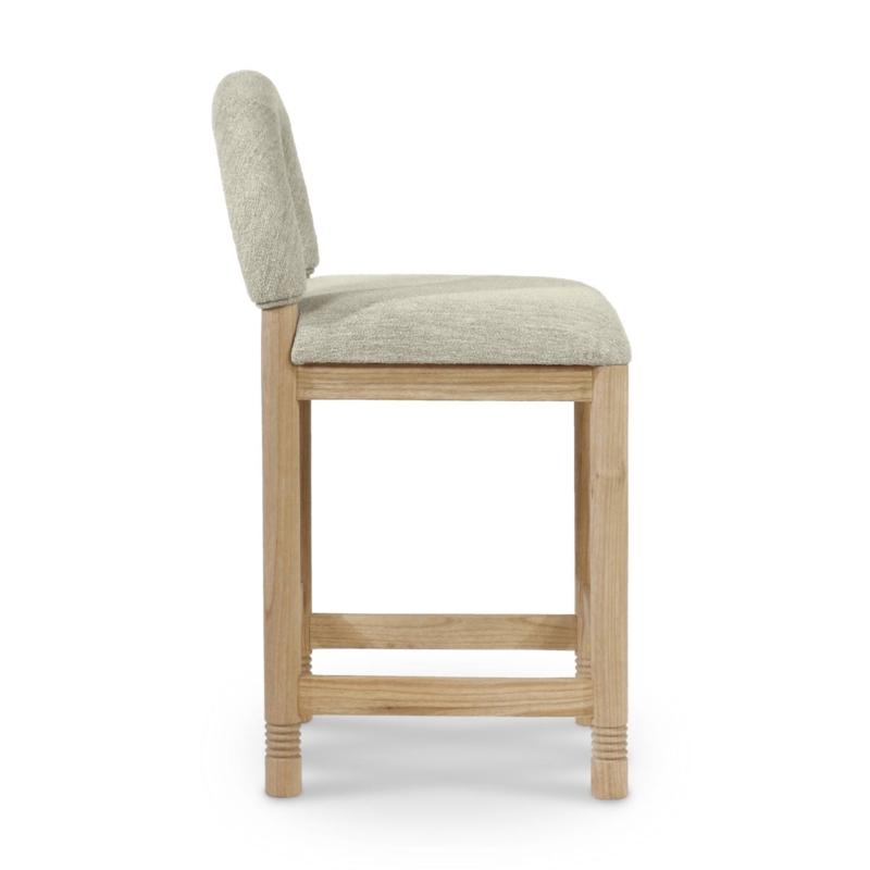 Bar Stool Beige Boucle Turned Leg Carving Light Wood Frame Organic