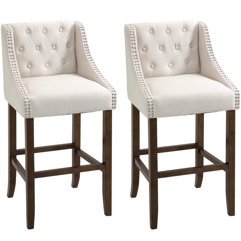 Bar Stool Beige Button Tufted Mid-Height Wingback Dark Wood Legs