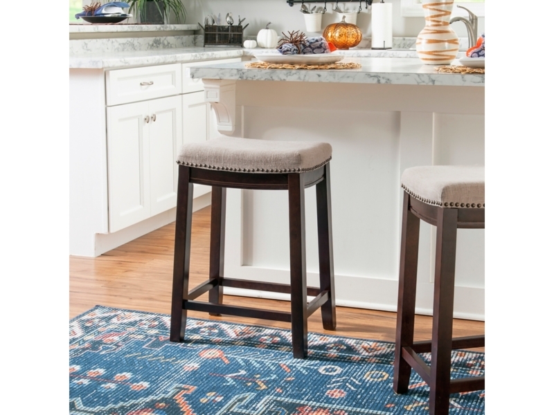Bar Stool Beige Fabric Saddle Seat Profile Nailhead Trim Dark Wood